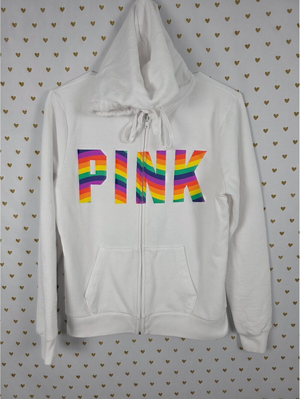 Victorias Secret Pink Rainbow Logo Full zip Hoodie Jacket White SMALL